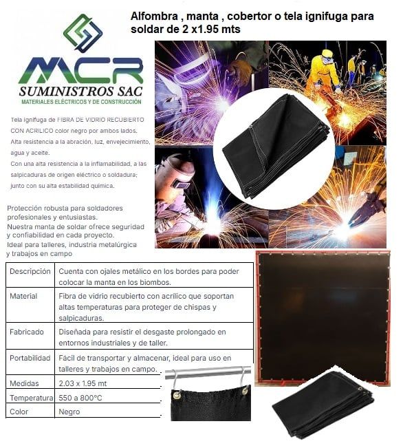MANTA IGNIFUGA PARA SOLDAR O ALFOMBRA DE 2m x 2m HASTA 800°C NEGRO