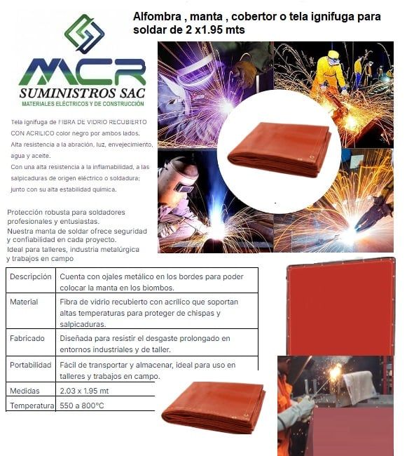 MANTA IGNIFUGA PARA SOLDAR O ALFOMBRA DE 2 x2m 800°C ROJO