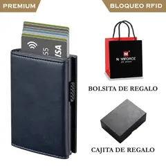 PREMIUM - Billetera Tarjetero Monedero Inteligente RFID Anti Robo Cuero Azul