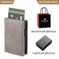 PREMIUM - Billetera Tarjetero Monedero Inteligente RFID Anti Robo Cuero Gris