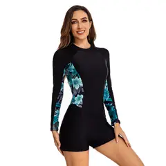 GENERICO - TRAJE DE NATACION MANGA LARGA CORTE SHORT FLOREADO COSTADOS