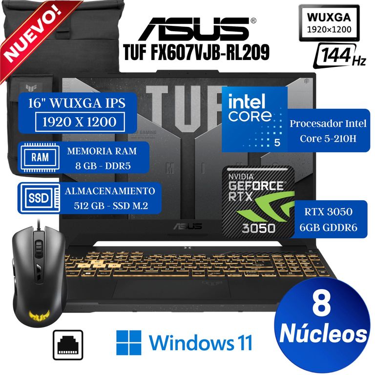 Laptop TUF FX607VJ-RL009 16" WUXGA IPS, Core 5-210H, Ram 16GB, Ssd 512GB, RTX 3050 6GB, Win 11