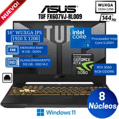 ASUS - Laptop TUF FX607VJ-RL009 16" WUXGA IPS, Core 5-210H, Ram 16GB, Ssd 512GB, RTX 3050 6GB, Win 11