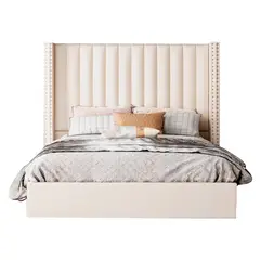 GENERICO - Cama Tapizada Listón con Tachuelas Perla Queen