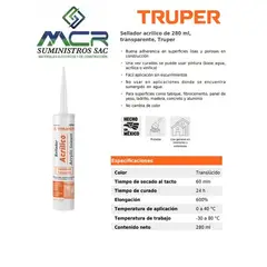TRUPER - Sellador acrilico de 280 ml, transparente para interior y exterior