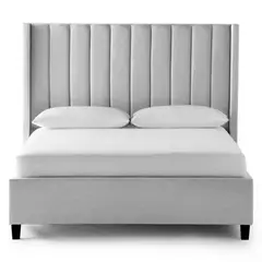 GENERICO - Cama Tapizada Listón con Patas de Madera Plomo Claro Queen