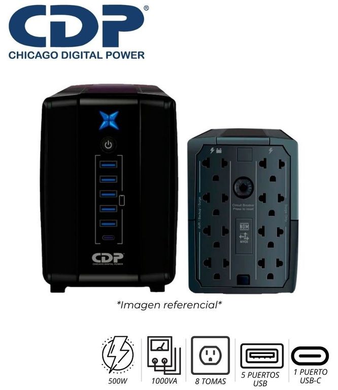 UPS R-UPR1008I 1000VA/500W 8 SALIDAS 5 PORT USB / AUT 40 MIN NEGRO