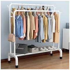 GENERICO - Colgador Perchero de Metal con Ruedas con Doble Organizador Blanco