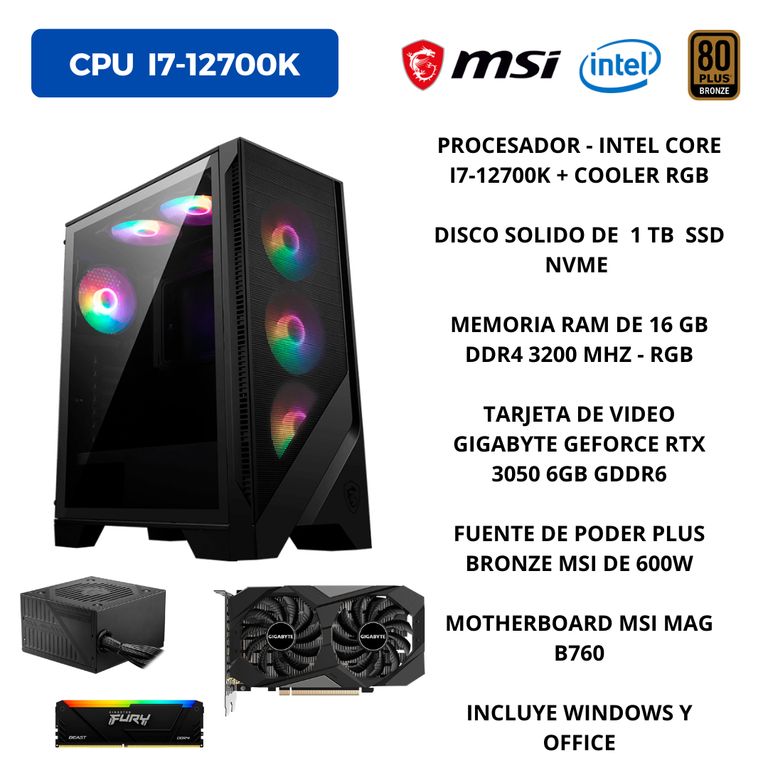 PC GAMER INTEL I7-12700K, RAM 16 GB DDR4, 1 TB SSD, TARJETA VIDEO 6 GB