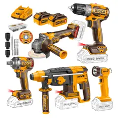 INGCO TOOLS - Combo 5 en 1 - Taladro + llave de impacto + amoladora + rotomartillo + linterna Ingco
