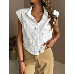 KAST PE - Blusa de Verano mujer Elvira Blanco con hombreras - Talla M