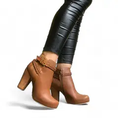 GENERICO - Taco Mujer Tira Diagonal Trenzadas 2086L-68 Color Camel