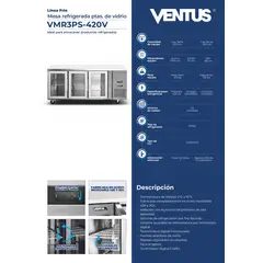VENTUS - Mesón Refrigerado 3 ptas Vidrio Inox. VMR3PS-420V
