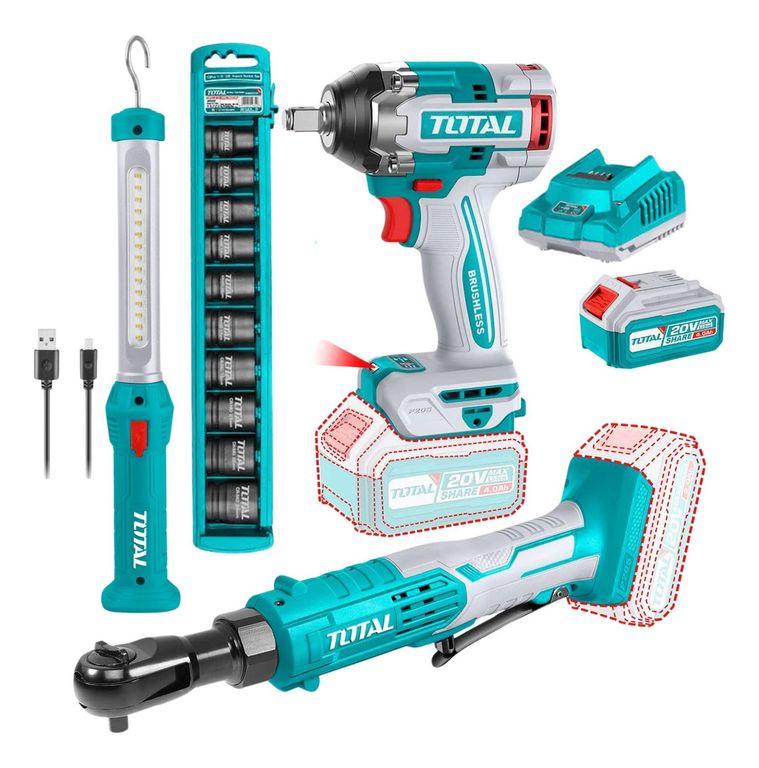 Llave de impacto 500nm + ratchet + lampara y dados de impacto