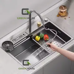 GREEN HOUSE - LAVADERO MULTIFUNCIONAL PORTA CUCHILLO SATINADO + CONDIMENTERO ACERO
