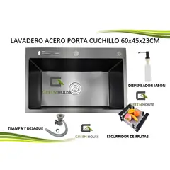 GREEN HOUSE - LAVADERO ACERO NEGRO MATE PORTA CUCHILLO 60x45x23CM