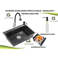 GREEN HOUSE - LAVADERO PORTA CUCHILLO ACERO NEGRO 60x45X23cm + FLEXIBLE AGUA FRIA