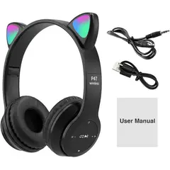 GENERICO - Auriculares inalámbricos con Bluetooth con orejas de Gatito NEGRO.