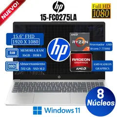 HP - Laptop 15-fc0275la 15.6" FHD, AMD Ryzen 7-7730U, Ram 16GB, Ssd 512GB, Win 11