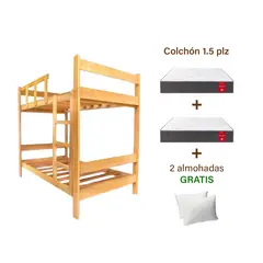 MUEBLES MACRUMO - Combo: Camarote de Madera color Natural de 1.5 plz + 2 Colchones + 2 almohadas