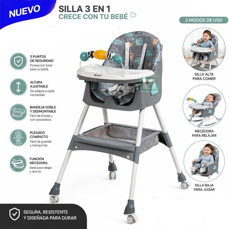 Silla de Comer Asiento Reclinable DALI Gris