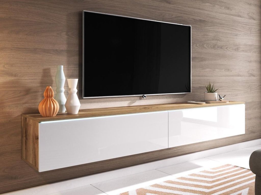 Mesa de TV clásica Flotante Odry color BlancoMarrón 2 puerta