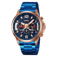 SKMEI - Reloj 9332 AZUL BORDES ORO ROSA fecha analógo cronómetro