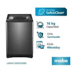 MABE - LAVADORA 16 KG CARGA SUPERIOR AUTOMÁTICA SAFE&CLEAN LMA6120WDGBB0 DIAMOND GRAY.