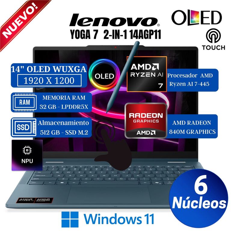 Laptop Yoga 7 2-in-1 14AGP11 14" OLED WUXGA, AMD Ryzen AI 7-445, Ram 32GB, SSD 512, Win 11