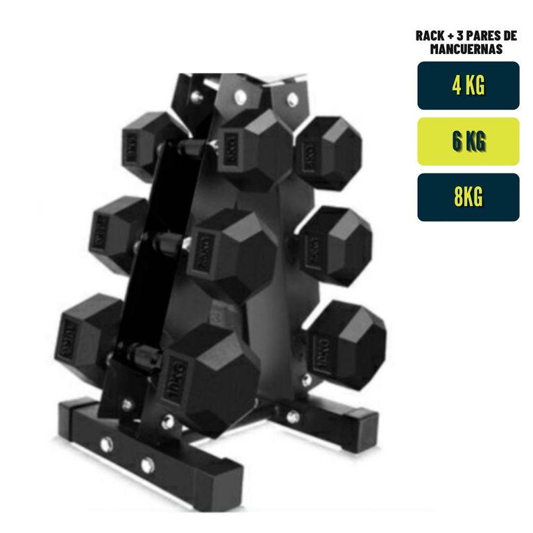 Combo Set de Mancuernas Hexagonales + Soporte Rack