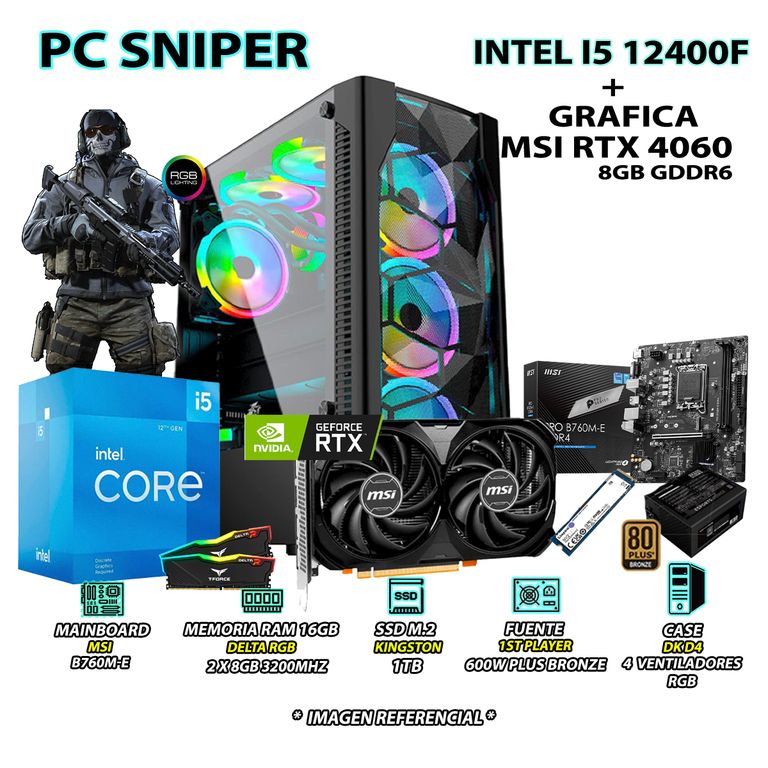 Computadora PC Gamer Sniper Core i5 12400F RAM 16GB SSD 1TB RTX 5060 8GB