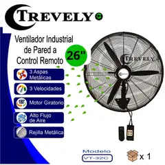 TREVELY - Ventilador Industrial de Pared 26" VT-27C Control Remoto