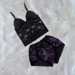 GENERICO - Pijama Conjunto Mujer Short de Satin y Bralette de Encaje