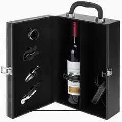 GENERICO - Estuche Caja Portátil para dos Vinos con 4 Accesorios Negro