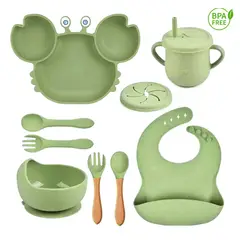 GENERICO - Set plato cangrejo babero cubiertos y vaso verde c para bebe