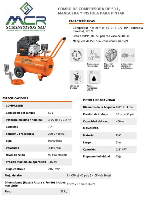 COMPRESORA DE 50L 3 1/2 HP CON MANGUERA Y PISTOLA PARA PINTAR