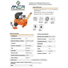 TRUPER - COMPRESORA DE 50L 3 1/2 HP CON MANGUERA Y PISTOLA PARA PINTAR