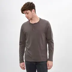 DROP THE LABEL - Polo Marrón Henley Manga Larga para Hombre Algodón Pima