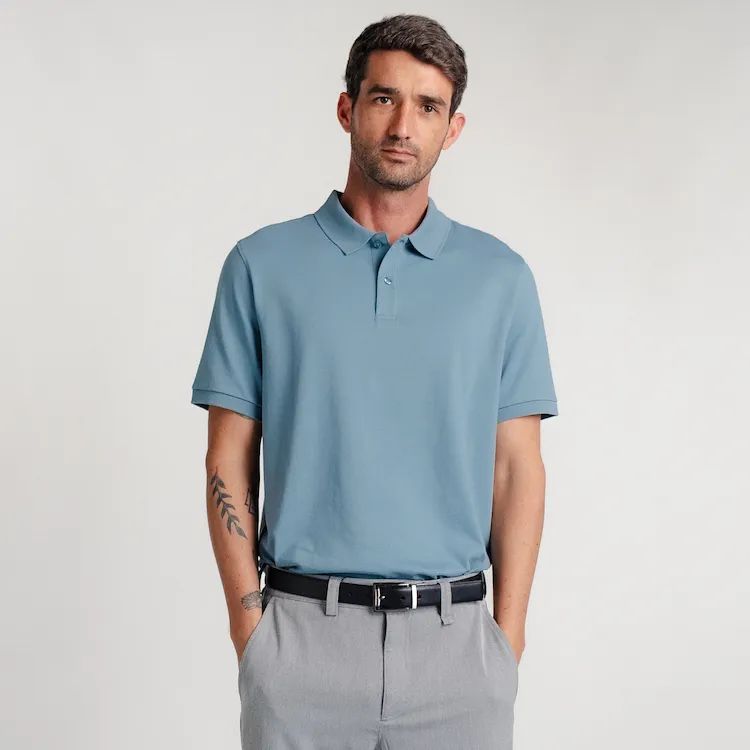 Polo Camisero Piqué Azul Humo para Hombre Manga Corta Algodón Pima