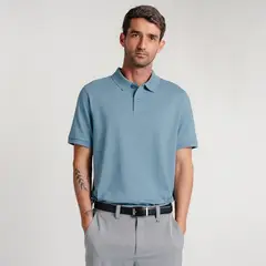 Drop The Label - Polo Camisero Piqué Azul Humo para Hombre Manga Corta Algodón Pima