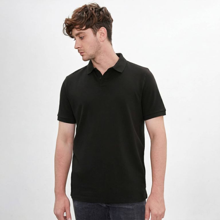 Polo Camisero Piqué Negro para Hombre Manga Corta Algodón Pima