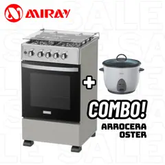 MIRAY - COCINA DE PIE A GAS 4 HORNILLAS CROMA - RUBI PLUS + ARROCERA OSTER BLANCA