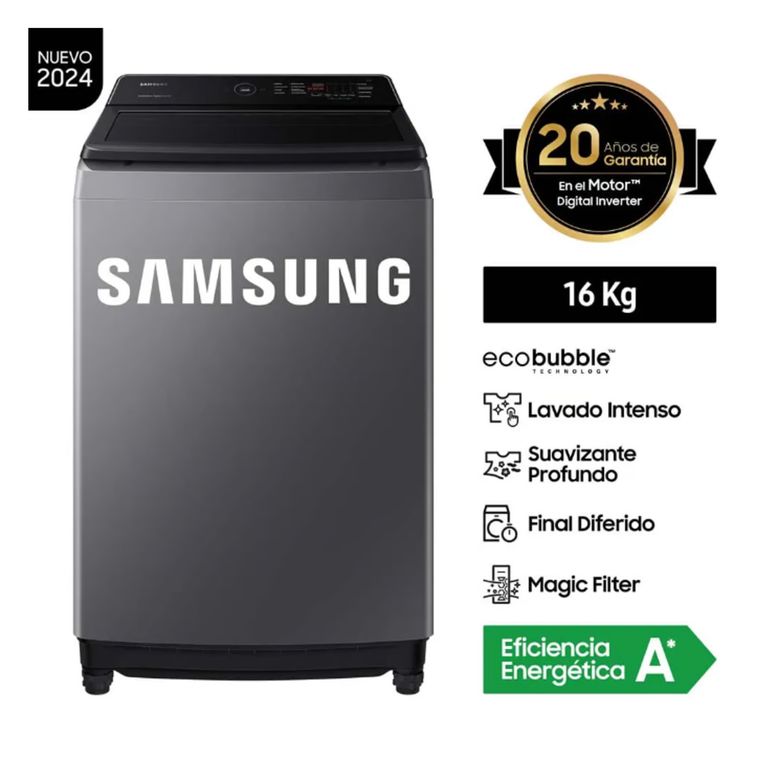 LAVADORA ECOBUBBLE CARGA SUPERIOR 16KG WA16CG6441BDPE - GRIS OSCURO.