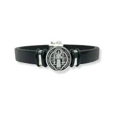 SANTORAL - Pulsera San Benito en Cuero - Plata