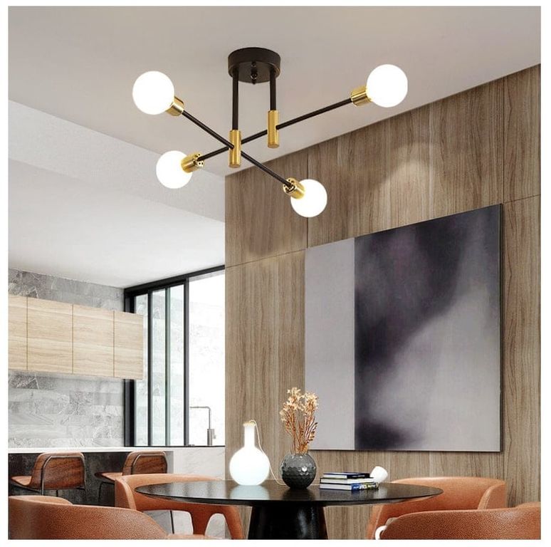 Lámpara araña negro y dorado Incluye 4 bombillas de 3 tonos de luz