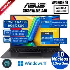 ASUS - Laptop Vivobook X1605VA-MB1440 16" WUXGA IPS, Core i7-13620H, Ram 16GB, Ssd 512GB, Win 11 Pro