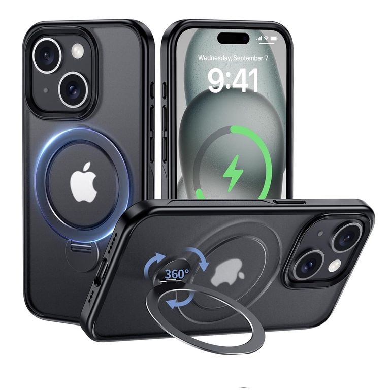Funda iPhone 15 con soporte giratorio de 360°MagSafe- Negro