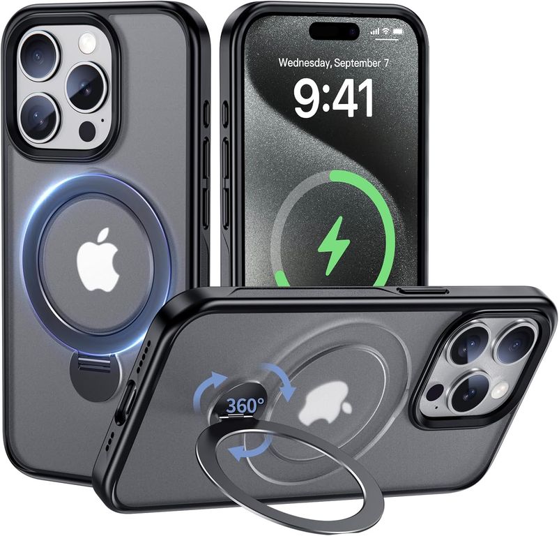 Funda iPhone 15 Pro con soporte giratorio de 360°MagSafe- Negro
