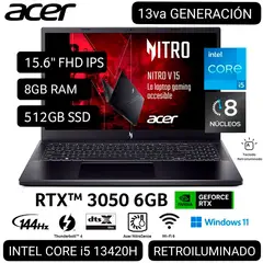 ACER - LAPTOP GAMER NITRO V15 ANV15-51-56GH i5 13° GEN. 15.6 FHD IPS 144Hz 8GB 512GB SSD RTX3050 6GB W11