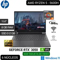HP - LAPTOP GAMER VICTUS 15-FB0128LA AMD RYZEN 5 5600H 15.6” FHD IPS 144 Hz 8GB 512GB SSD RTX 3050 4GB W11